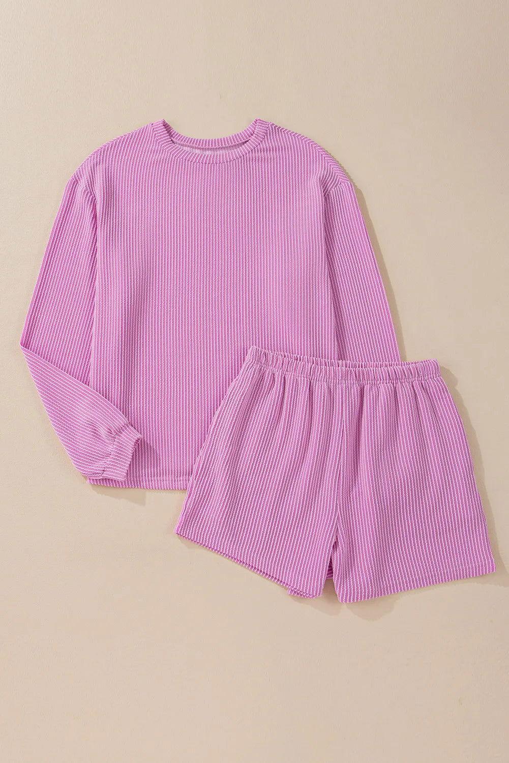 Round Neck Long Sleeve Top and Shorts Set - Clothes For Her Online Store