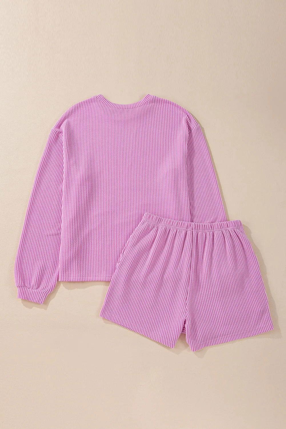 Round Neck Long Sleeve Top and Shorts Set - Clothes For Her Online Store