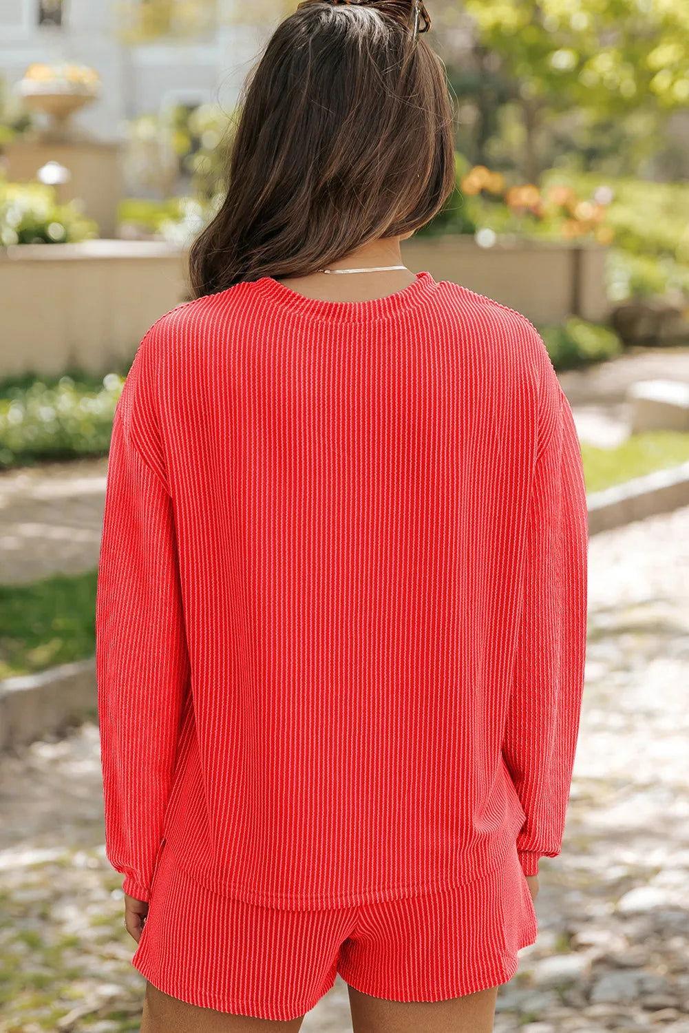 Round Neck Long Sleeve Top and Shorts Set - Clothes For Her Online Store