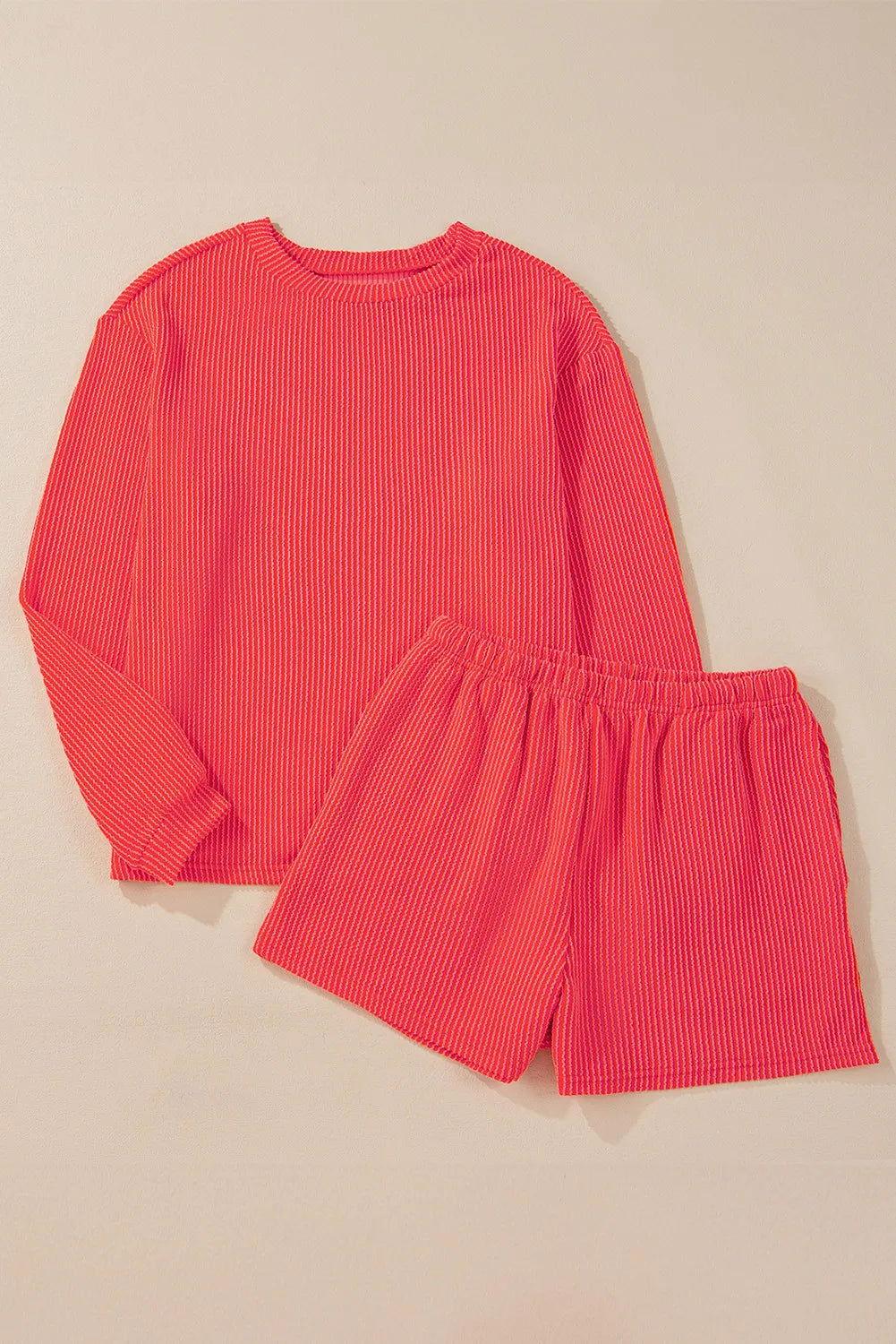 Round Neck Long Sleeve Top and Shorts Set - Clothes For Her Online Store