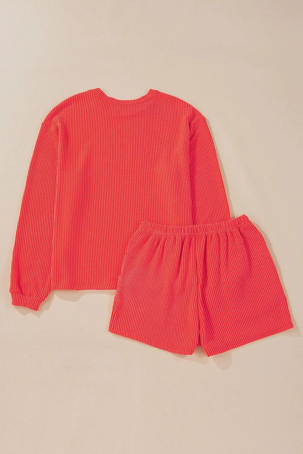 Round Neck Long Sleeve Top and Shorts Set - Clothes For Her Online Store