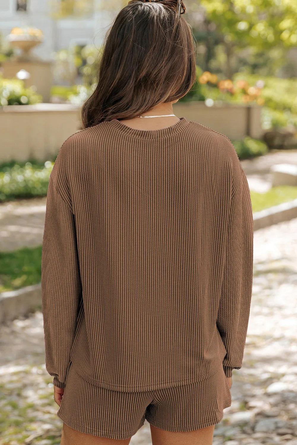 Round Neck Long Sleeve Top and Shorts Set - Clothes For Her Online Store