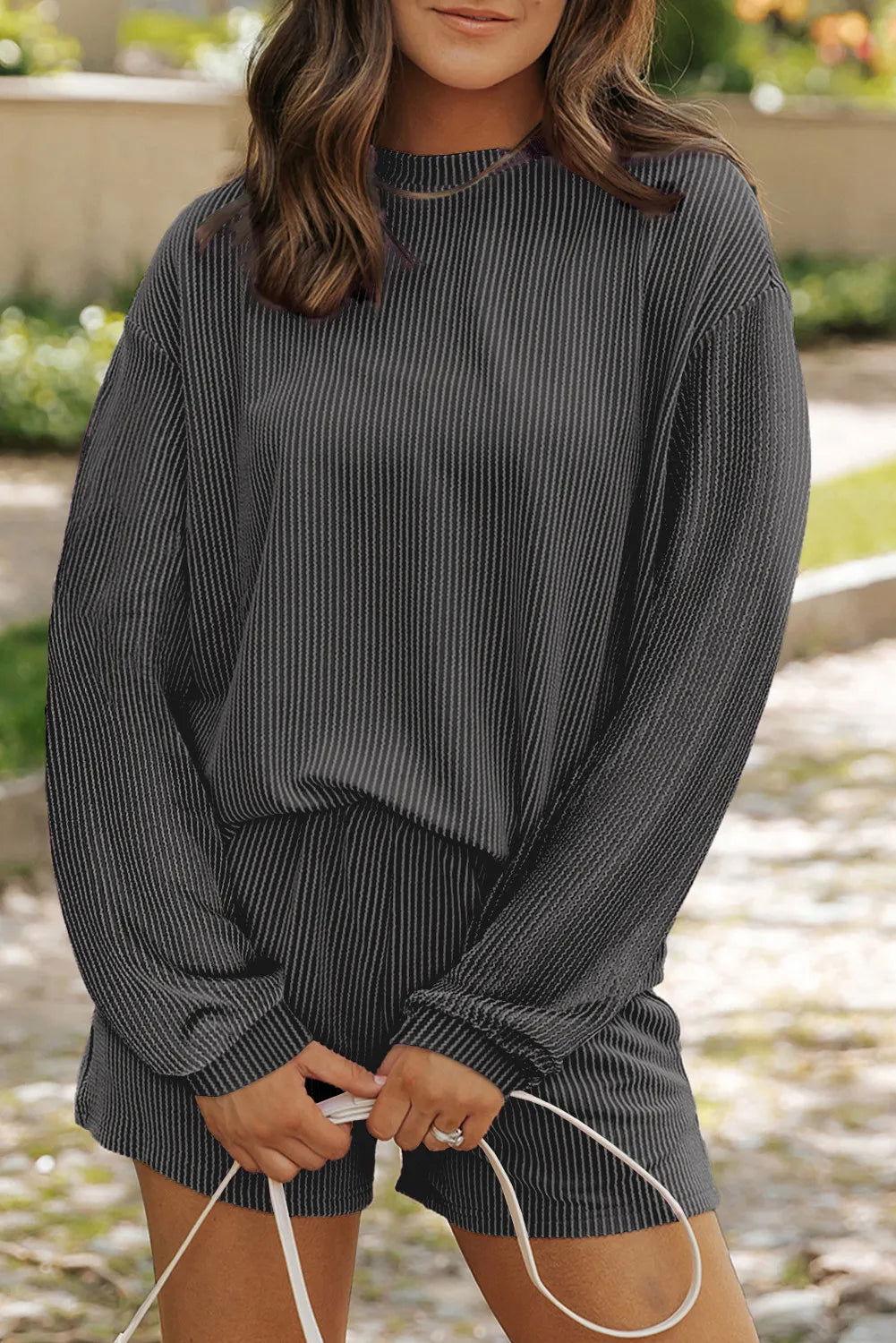 Round Neck Long Sleeve Top and Shorts Set - Clothes For Her Online Store