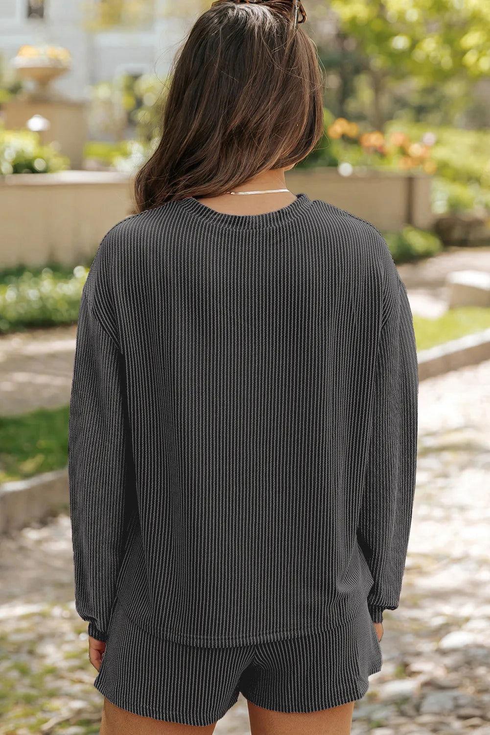 Round Neck Long Sleeve Top and Shorts Set - Clothes For Her Online Store