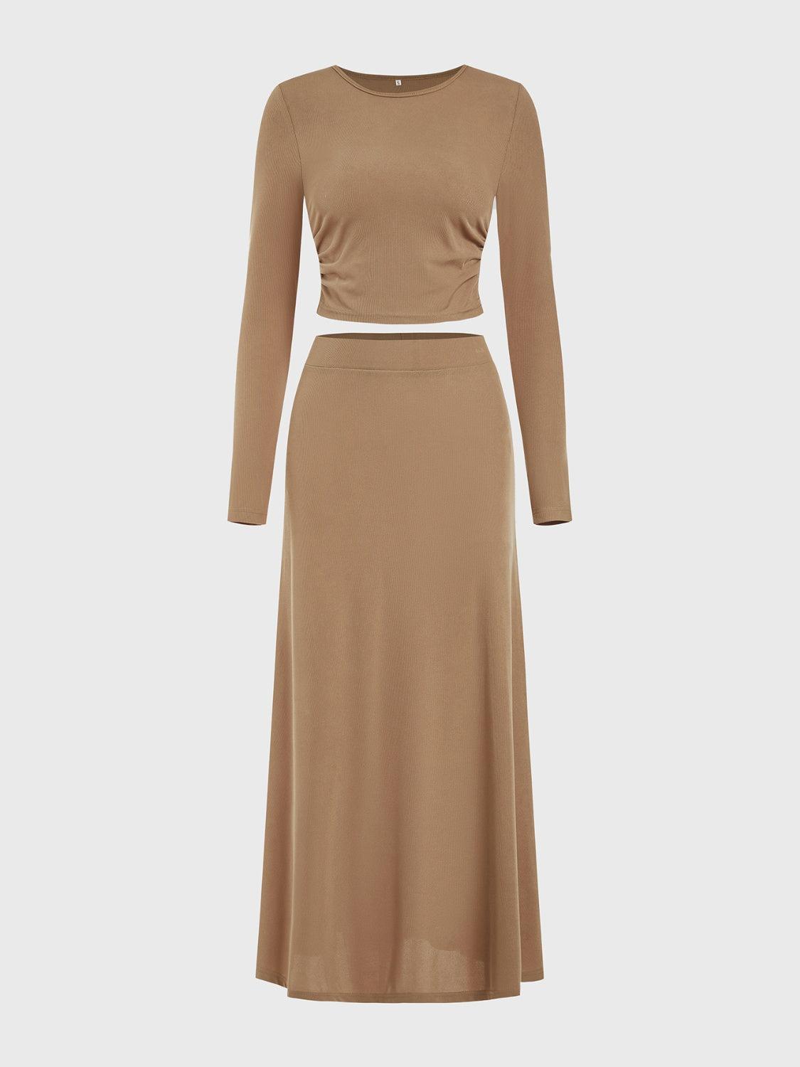 Round Neck Long Sleeve Top and Skirt Set - Clothes For Her Online Store