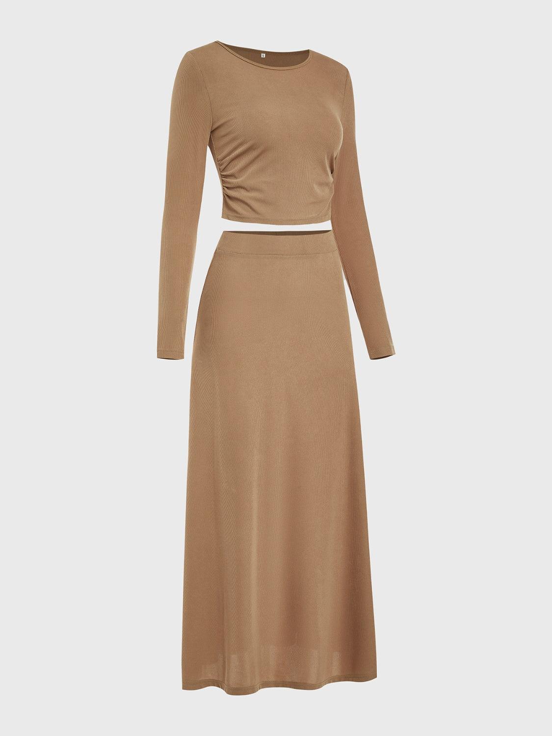 Round Neck Long Sleeve Top and Skirt Set - Clothes For Her Online Store