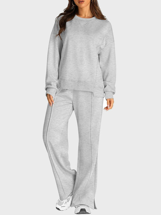 Round Neck Long Sleeve Top and Slit Pants Set - Clothes For Her Online Store