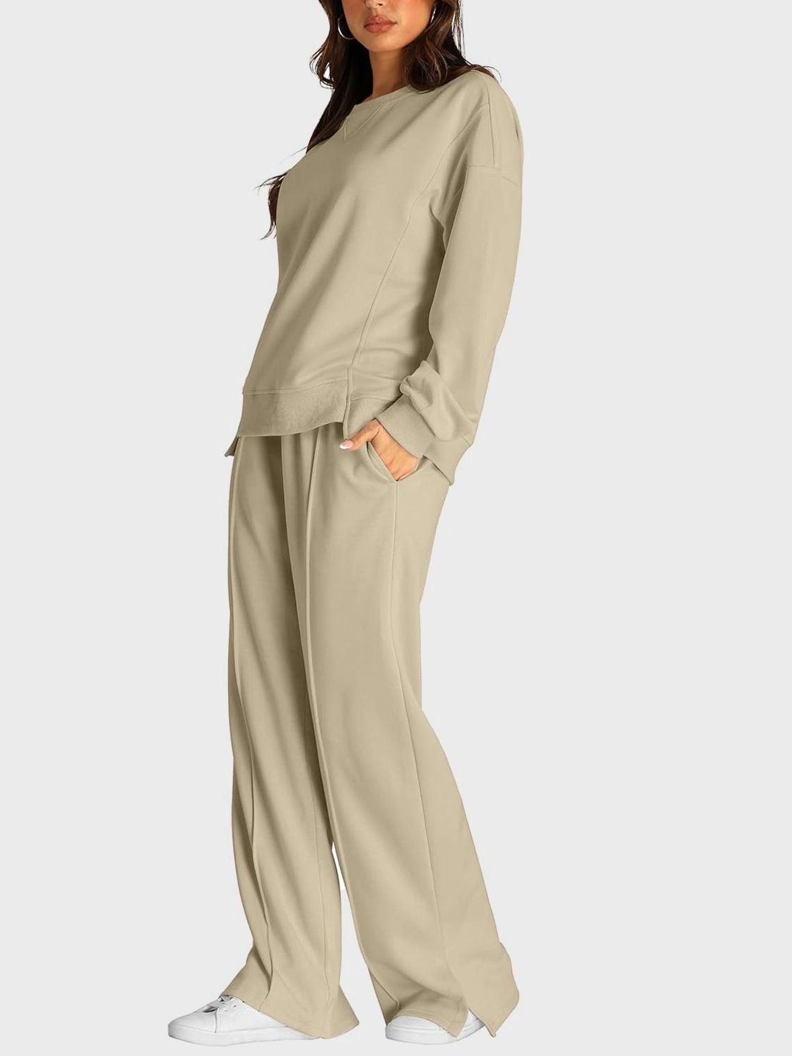 Round Neck Long Sleeve Top and Slit Pants Set - Clothes For Her Online Store
