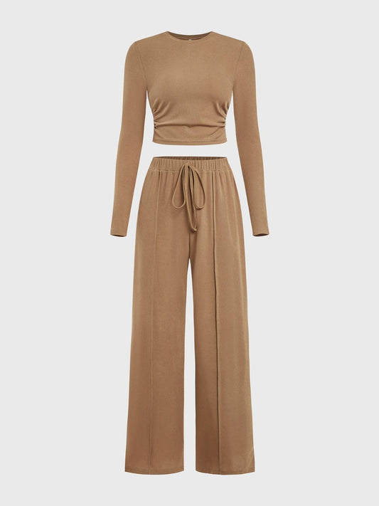 Round Neck Long Sleeve Top and Tied Pants Set - Clothes For Her Online Store
