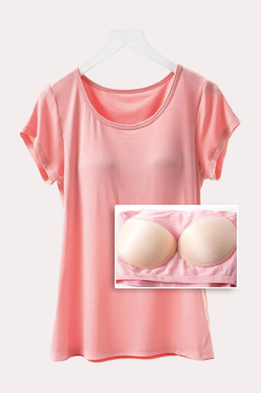 Round Neck Short Sleeve T-Shirt with Bra - Clothes For Her Online Store