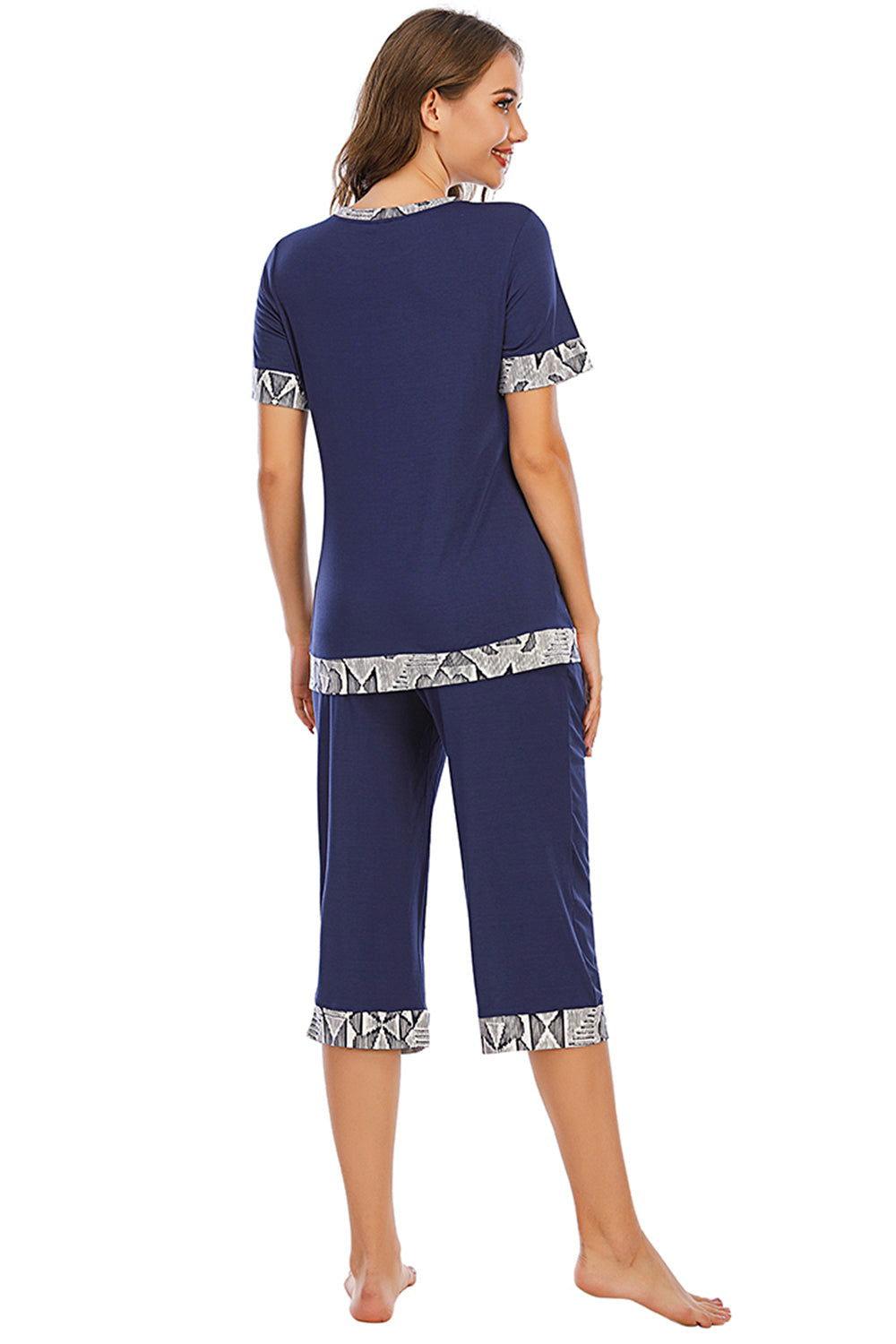 Round Neck Short Sleeve Top and Capris Pants Lounge Set - Clothes For Her Online Store