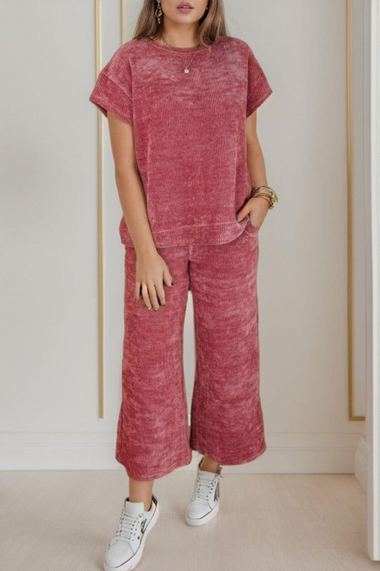 Round Neck Short Sleeve Top and Pants Set - Clothes For Her Online Store