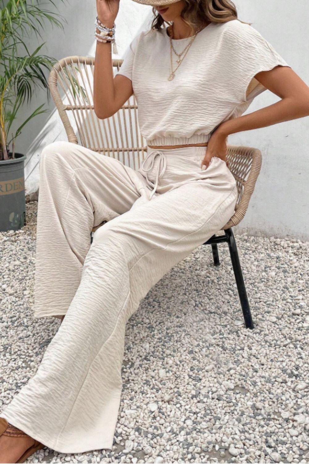 Round Neck Short Sleeve Top and Pants Set - Clothes For Her Online Store