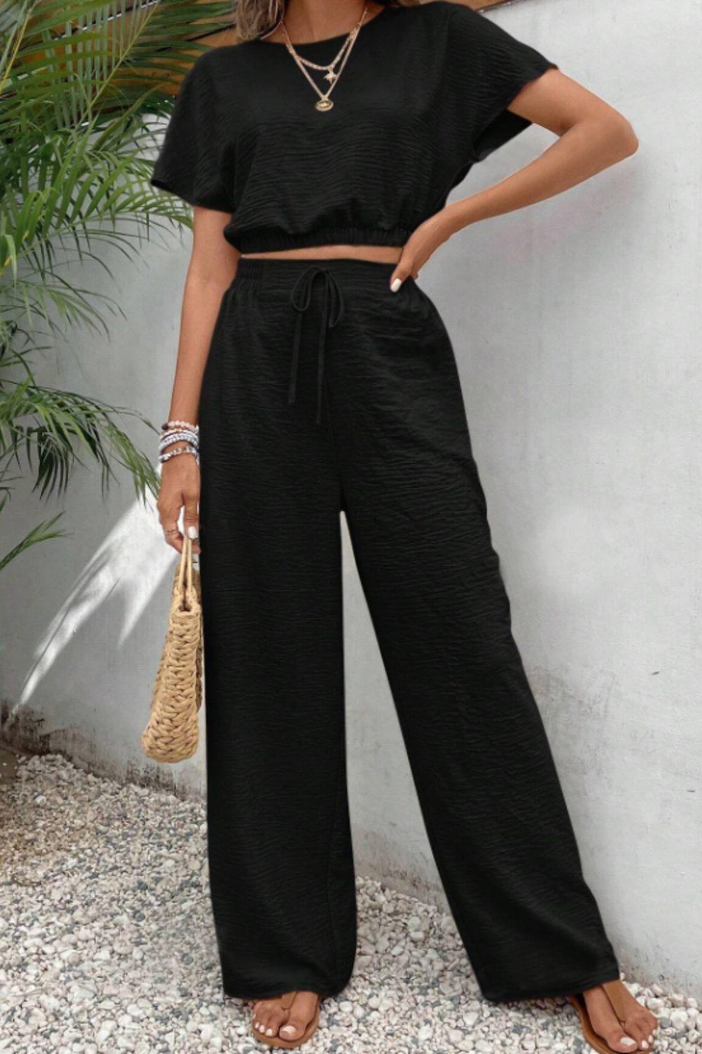 Round Neck Short Sleeve Top and Pants Set - Clothes For Her Online Store