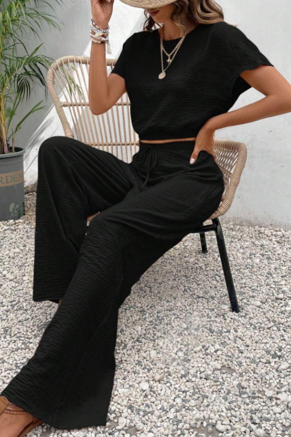 Round Neck Short Sleeve Top and Pants Set - Clothes For Her Online Store