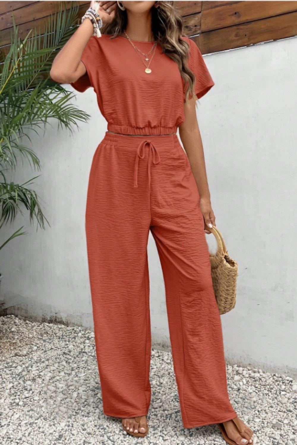 Round Neck Short Sleeve Top and Pants Set - Clothes For Her Online Store