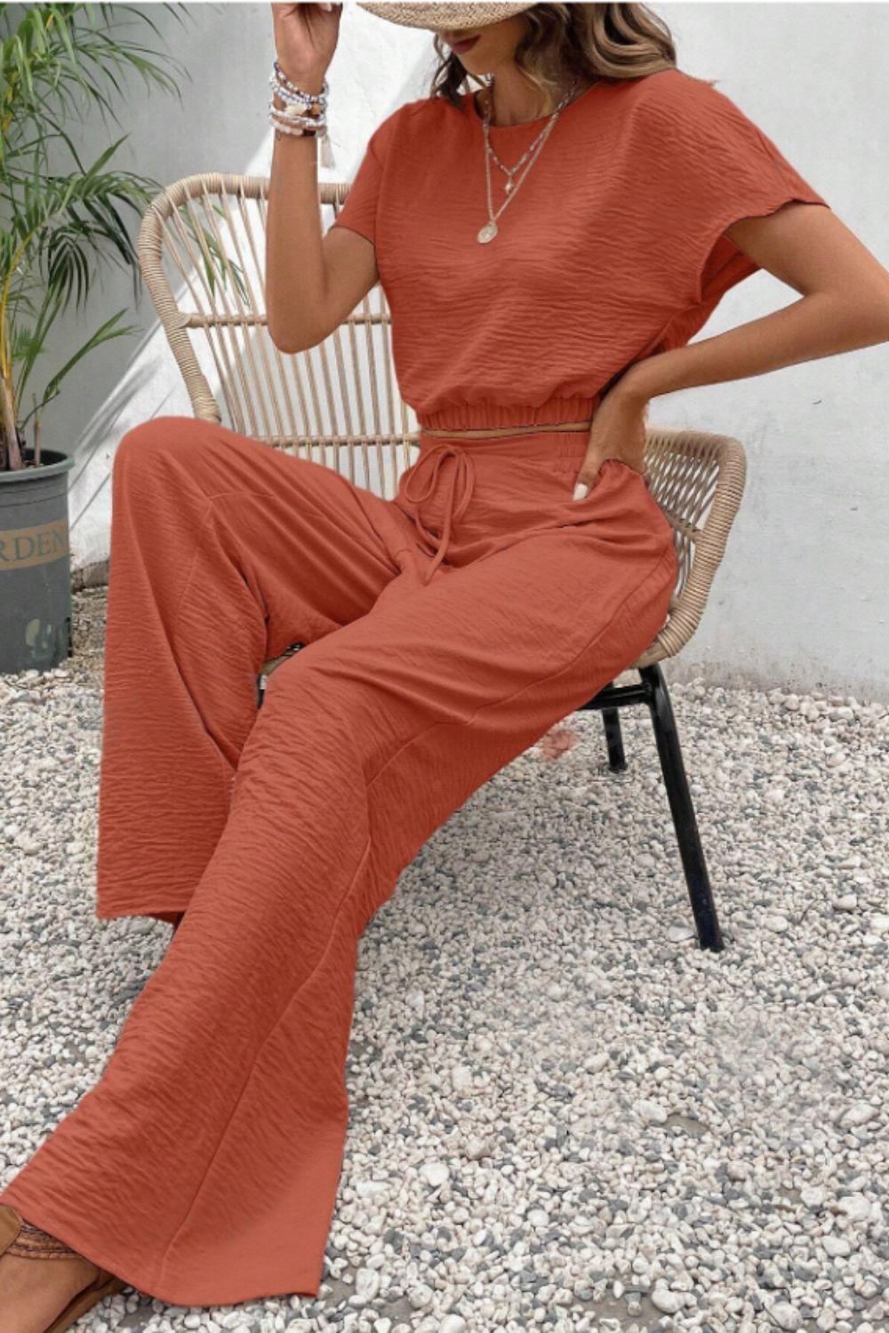 Round Neck Short Sleeve Top and Pants Set - Clothes For Her Online Store