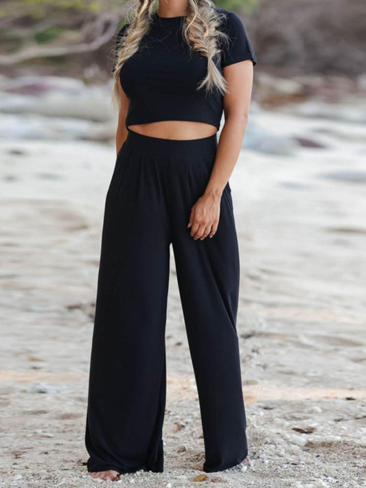 Round Neck Short Sleeve Top and Pocketed Pants Set - Clothes For Her Online Store