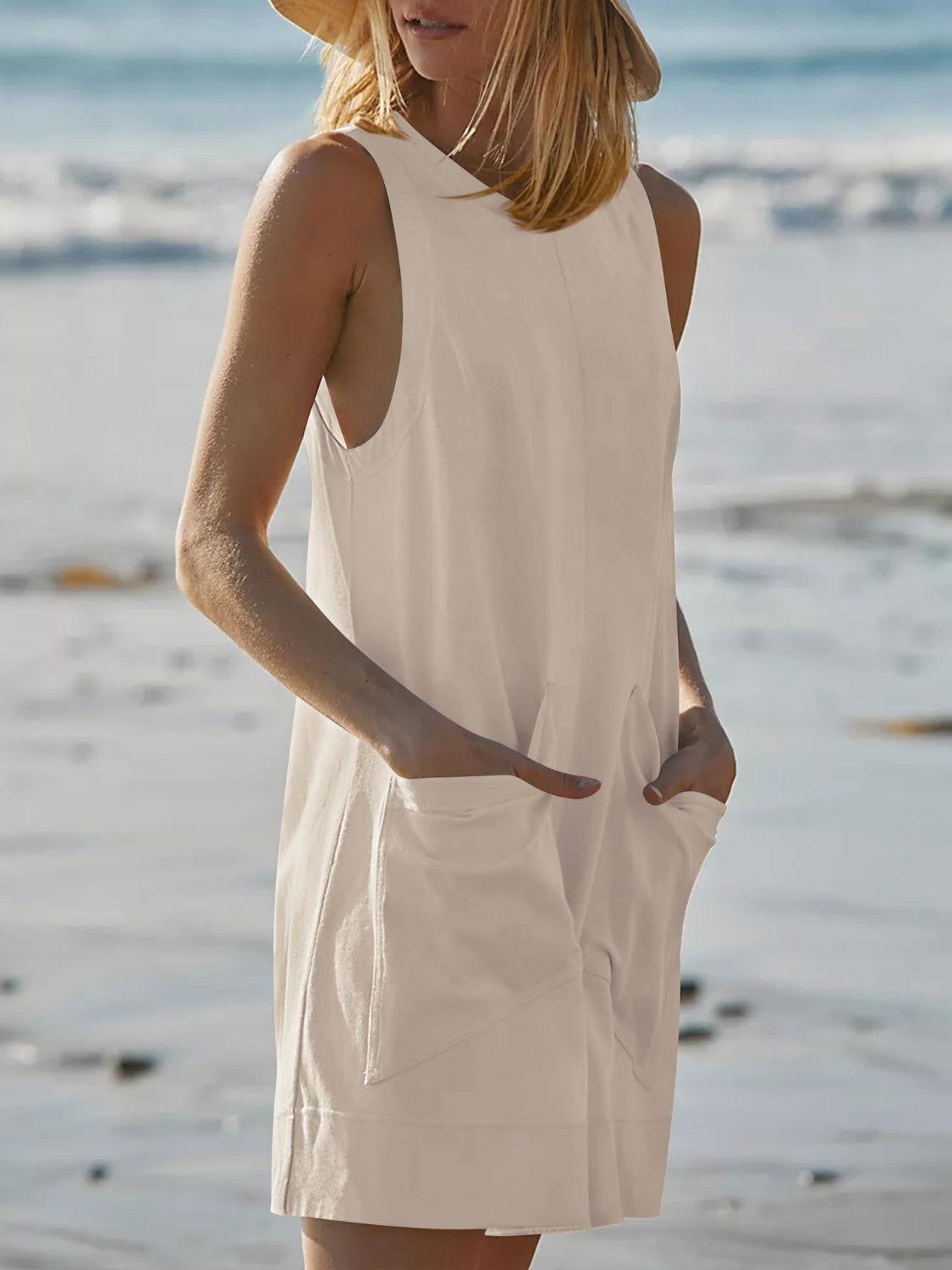 Round Neck Sleeveless Romper with Pockets - Clothes For Her Online Store