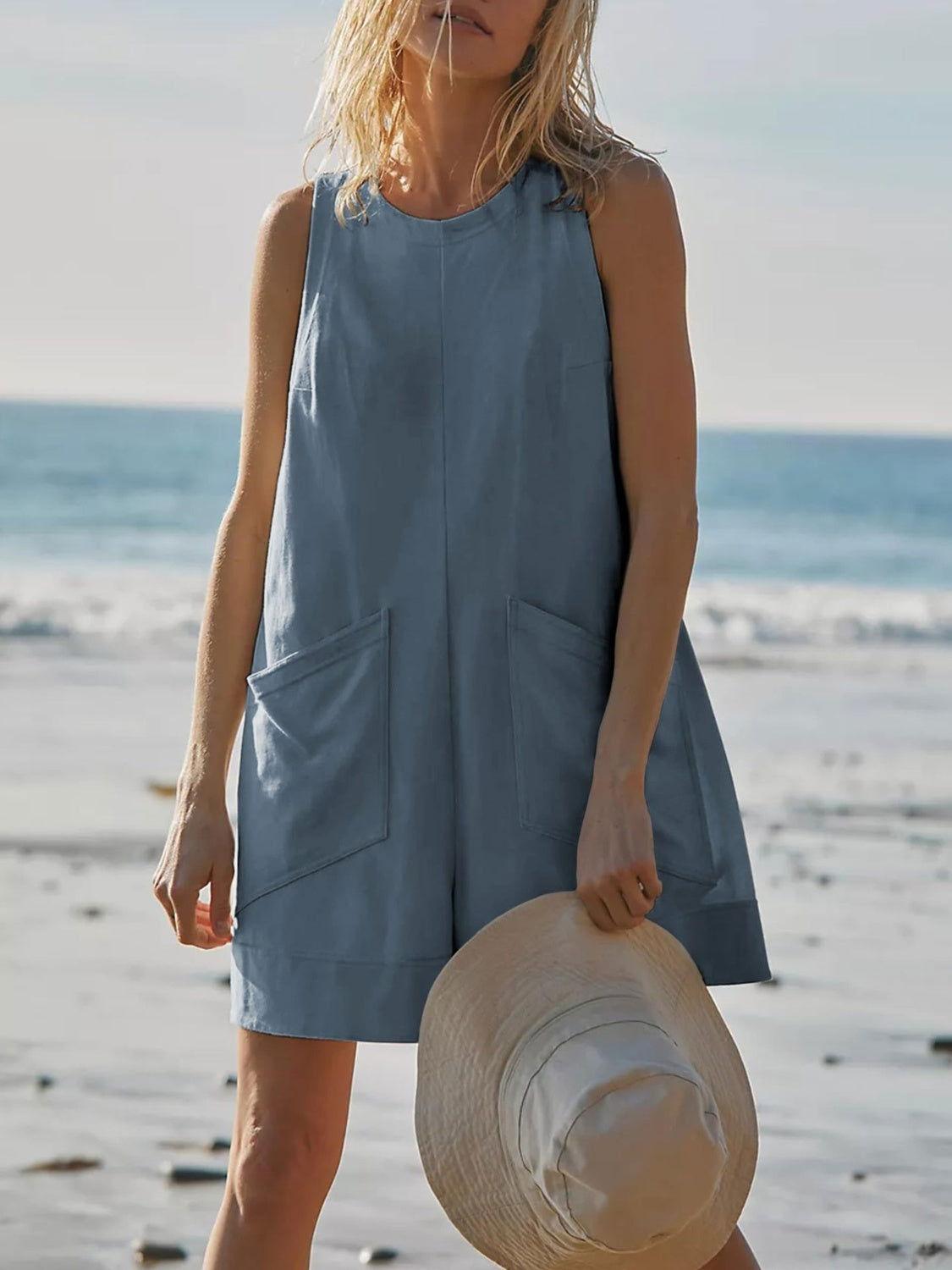 Round Neck Sleeveless Romper with Pockets - Clothes For Her Online Store