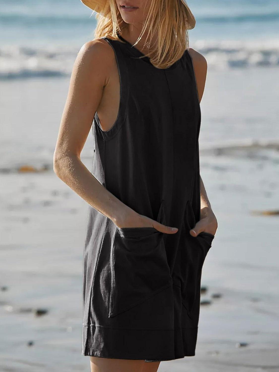 Round Neck Sleeveless Romper with Pockets - Clothes For Her Online Store