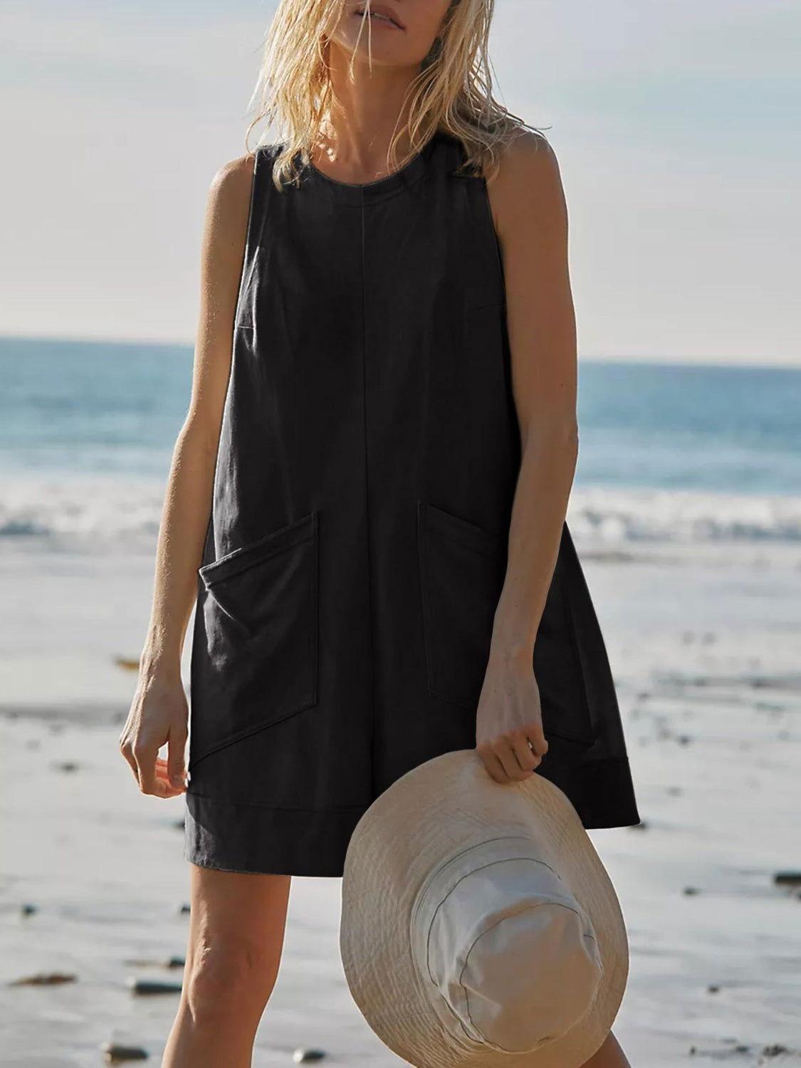 Round Neck Sleeveless Romper with Pockets - Clothes For Her Online Store
