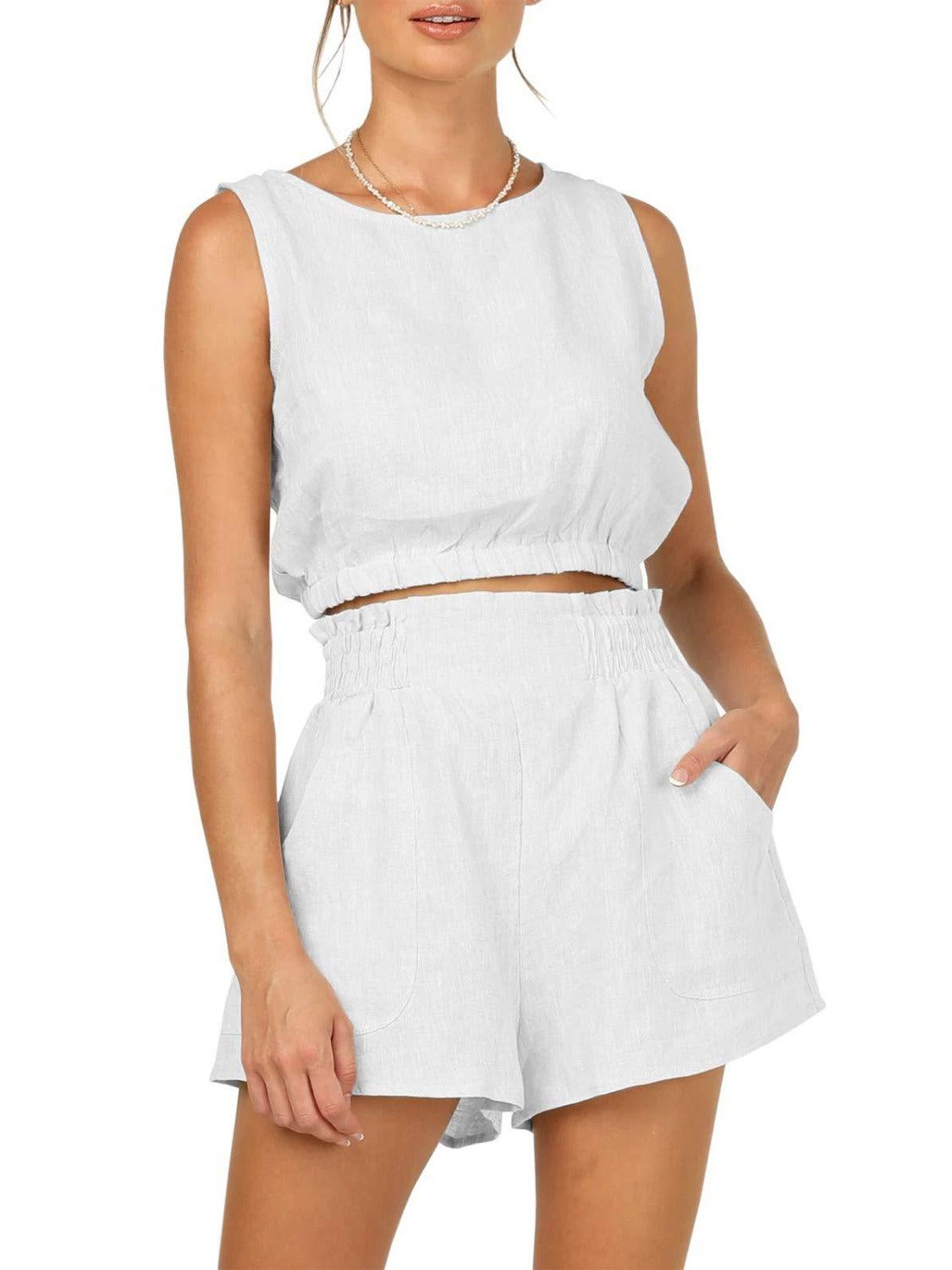 Round Neck Sleeveless Top and Shorts Set - Clothes For Her Online Store