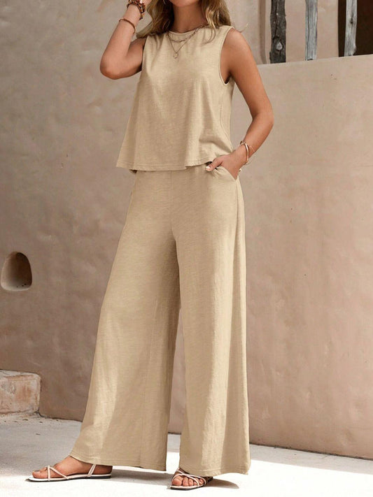 Round Neck Sleeveless Top and Wide Leg Pants Set - Clothes For Her Online Store
