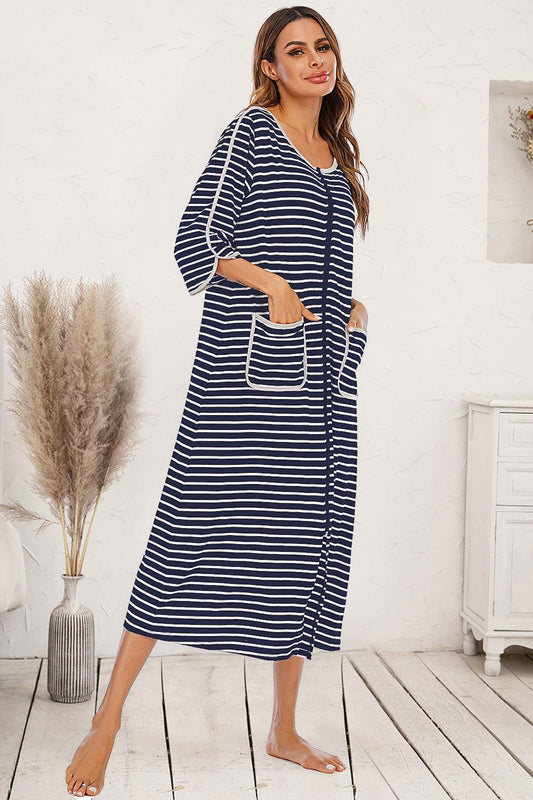 Round Neck Three-Quarter Sleeve Midi Night Dress - Clothes For Her Online Store