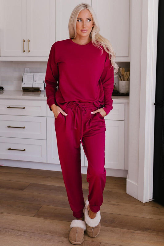 Round Neck Top and Drawstring Pants Lounge Set - Clothes For Her Online Store