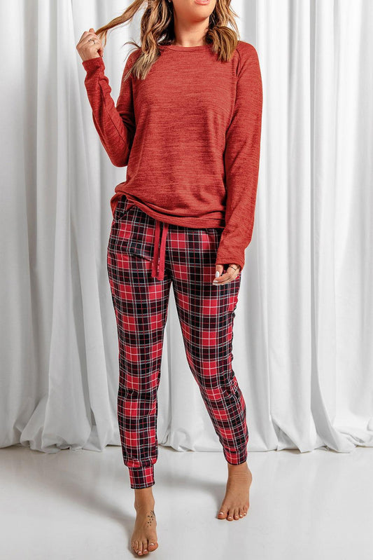 Round Neck Top and Drawstring Plaid Pants Lounge Set - Clothes For Her Online Store