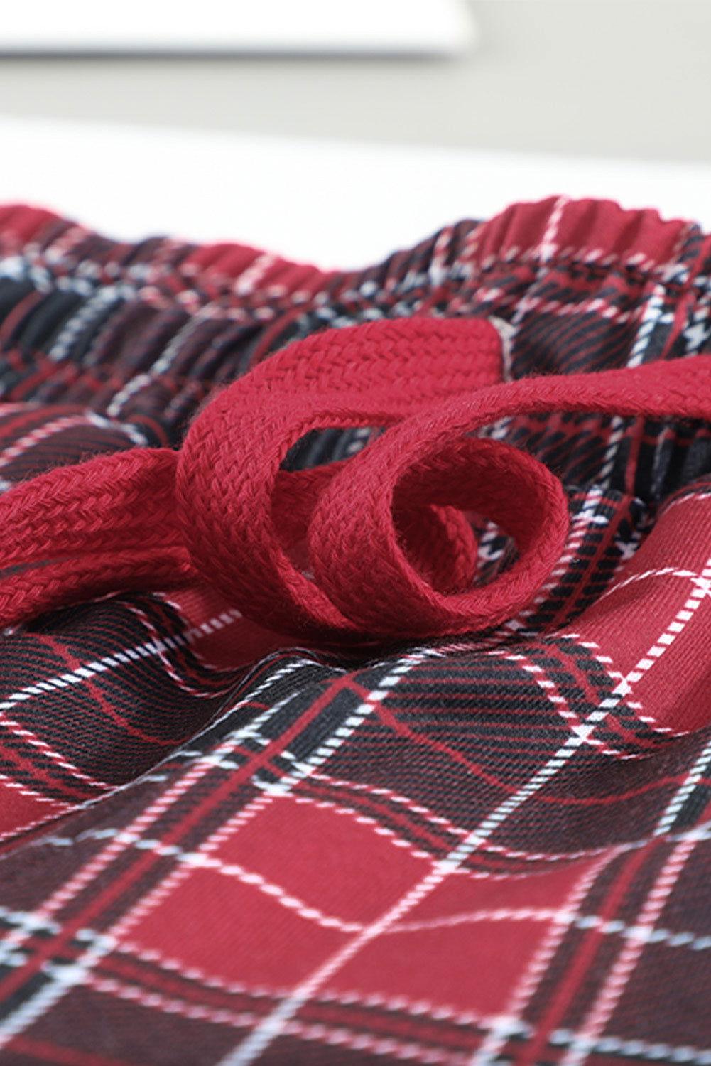 Round Neck Top and Drawstring Plaid Pants Lounge Set - Clothes For Her Online Store