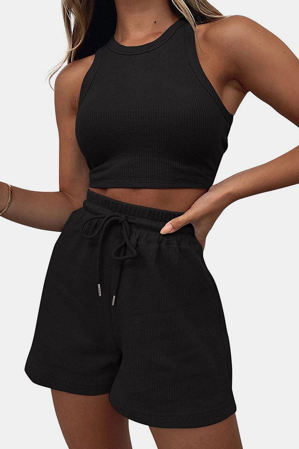 Round Neck Top and Drawstring Shorts Set - Clothes For Her Online Store