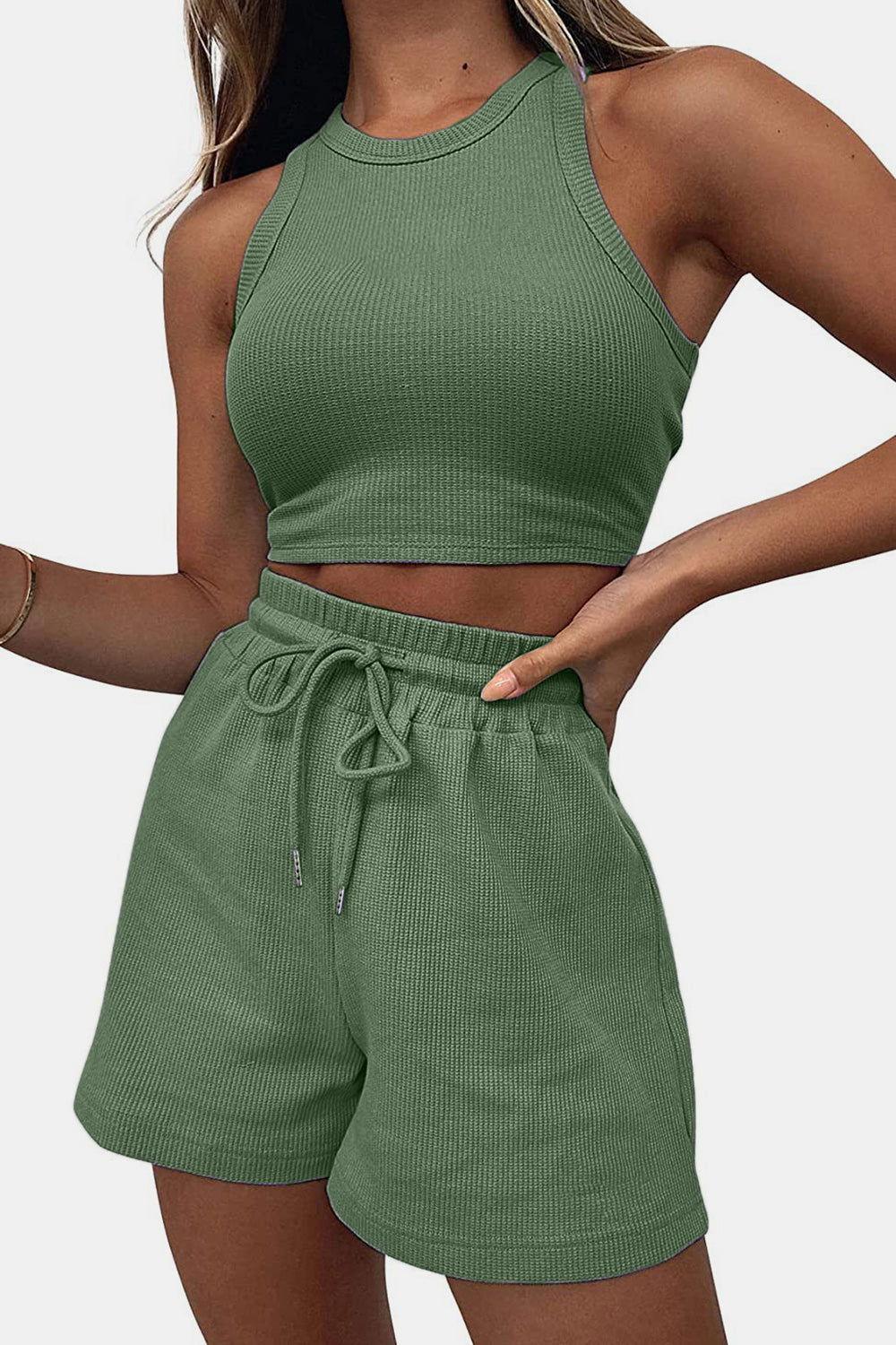 Round Neck Top and Drawstring Shorts Set - Clothes For Her Online Store