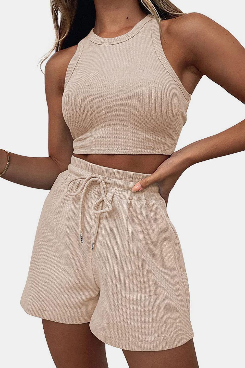 Round Neck Top and Drawstring Shorts Set - Clothes For Her Online Store