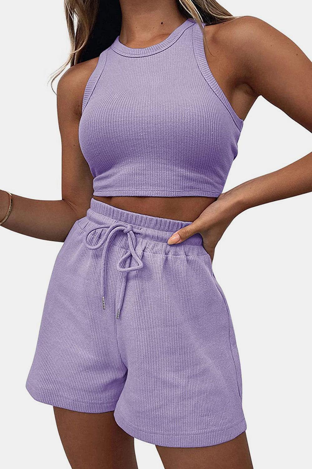 Round Neck Top and Drawstring Shorts Set - Clothes For Her Online Store