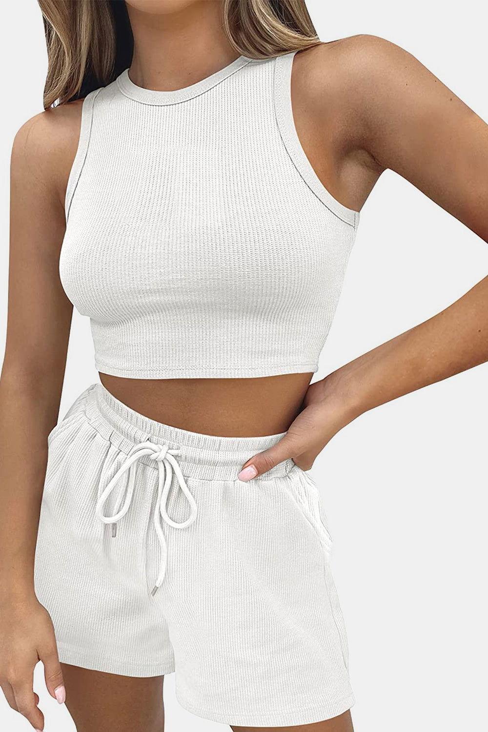 Round Neck Top and Drawstring Shorts Set - Clothes For Her Online Store