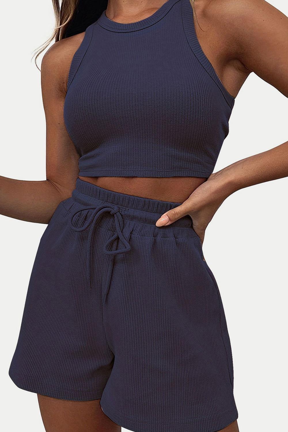 Round Neck Top and Drawstring Shorts Set - Clothes For Her Online Store