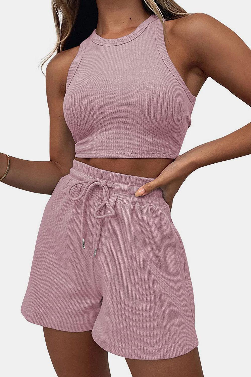 Round Neck Top and Drawstring Shorts Set - Clothes For Her Online Store