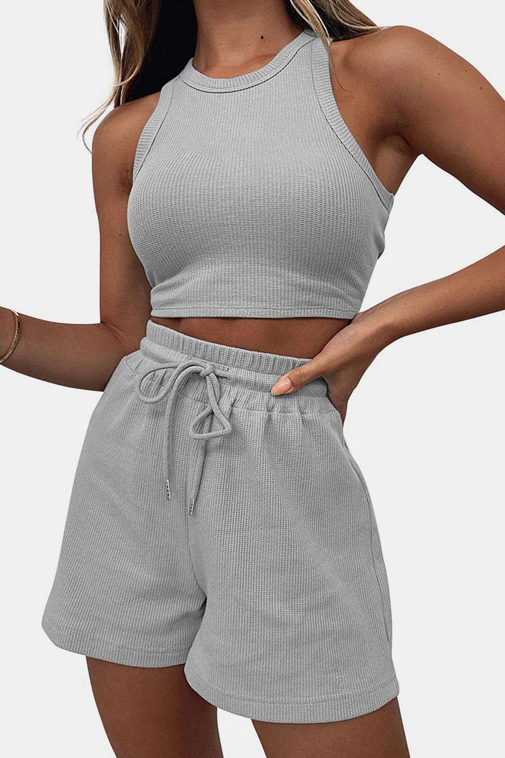 Round Neck Top and Drawstring Shorts Set - Clothes For Her Online Store
