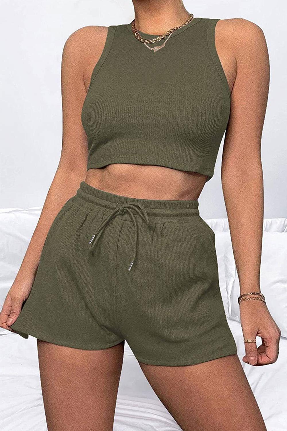Round Neck Top and Drawstring Shorts Set - Clothes For Her Online Store