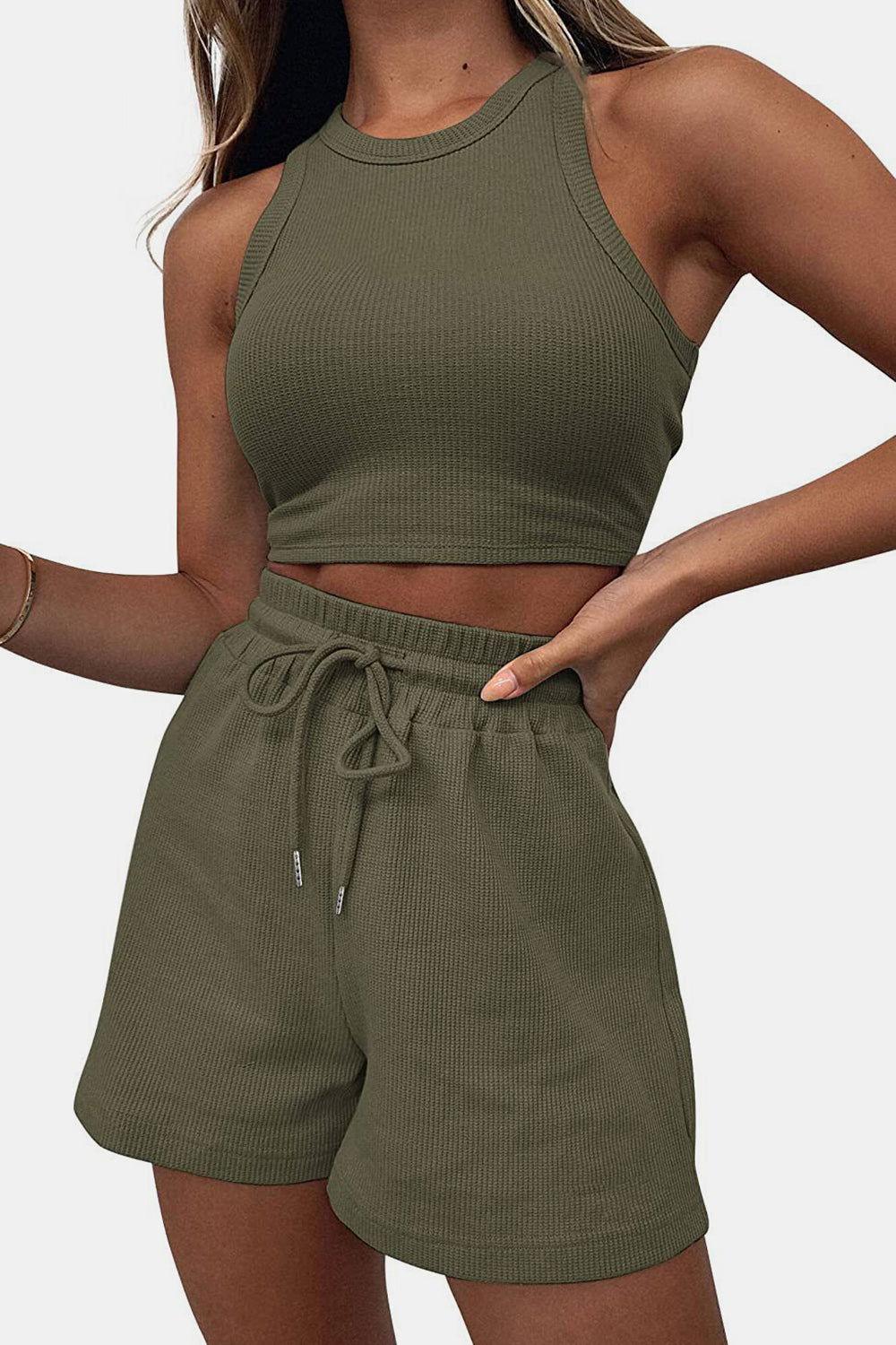 Round Neck Top and Drawstring Shorts Set - Clothes For Her Online Store