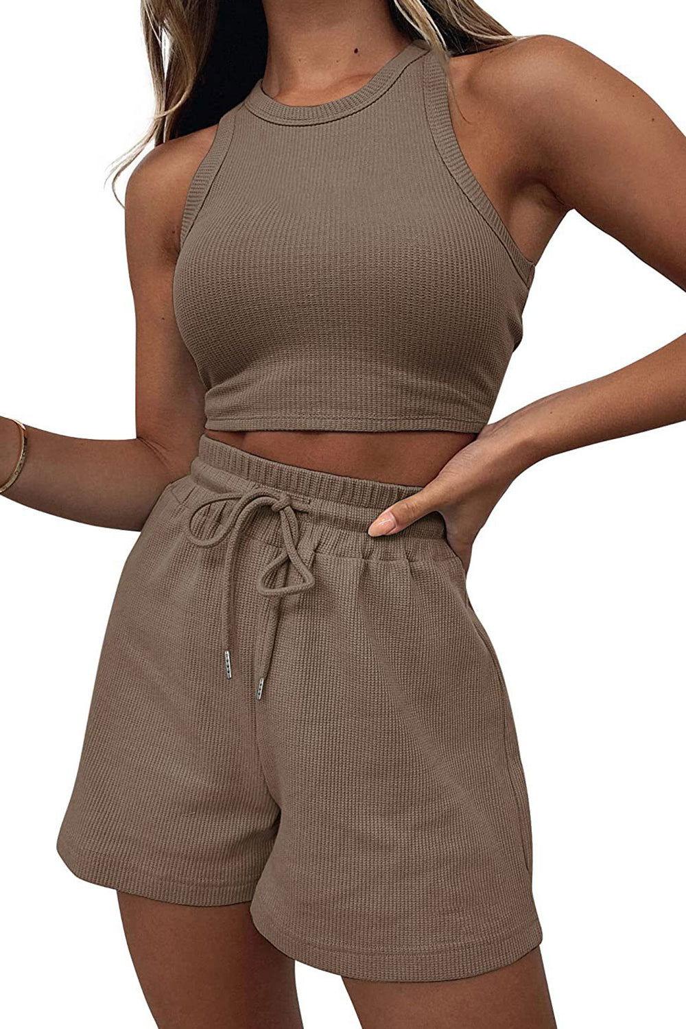 Round Neck Top and Drawstring Shorts Set - Clothes For Her Online Store