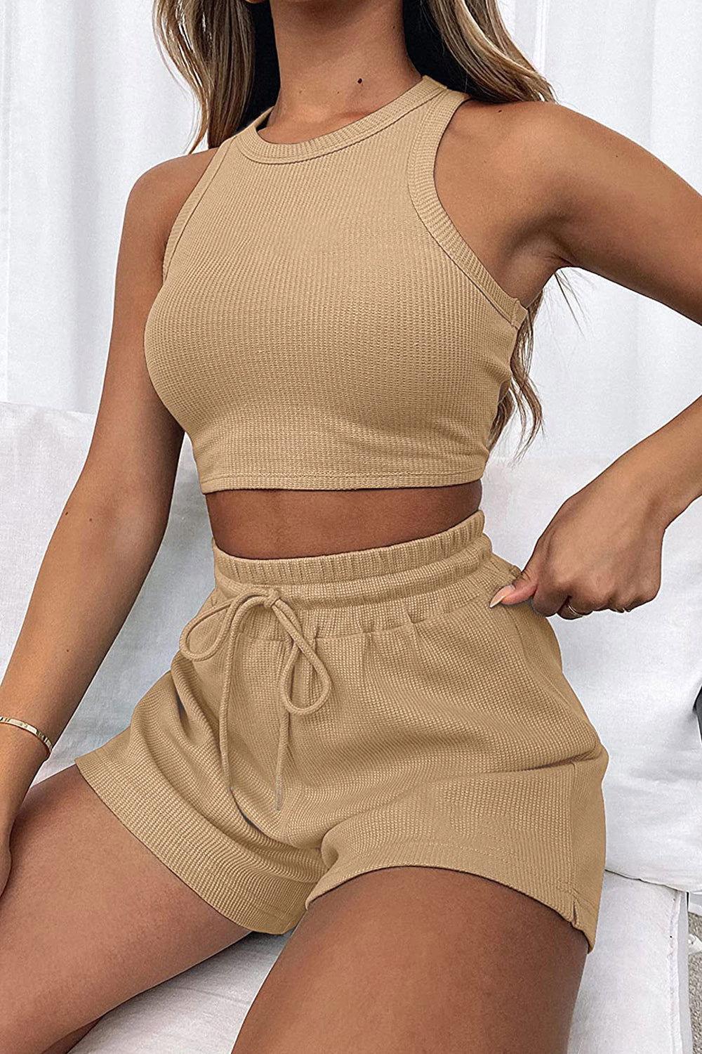Round Neck Top and Drawstring Shorts Set - Clothes For Her Online Store