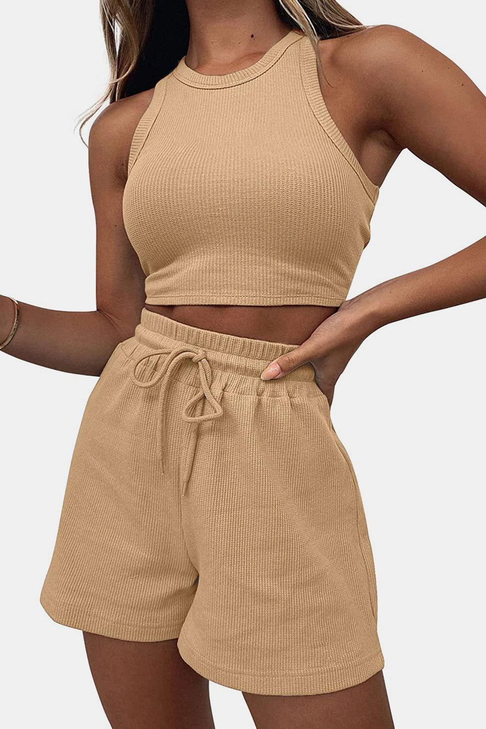 Round Neck Top and Drawstring Shorts Set - Clothes For Her Online Store