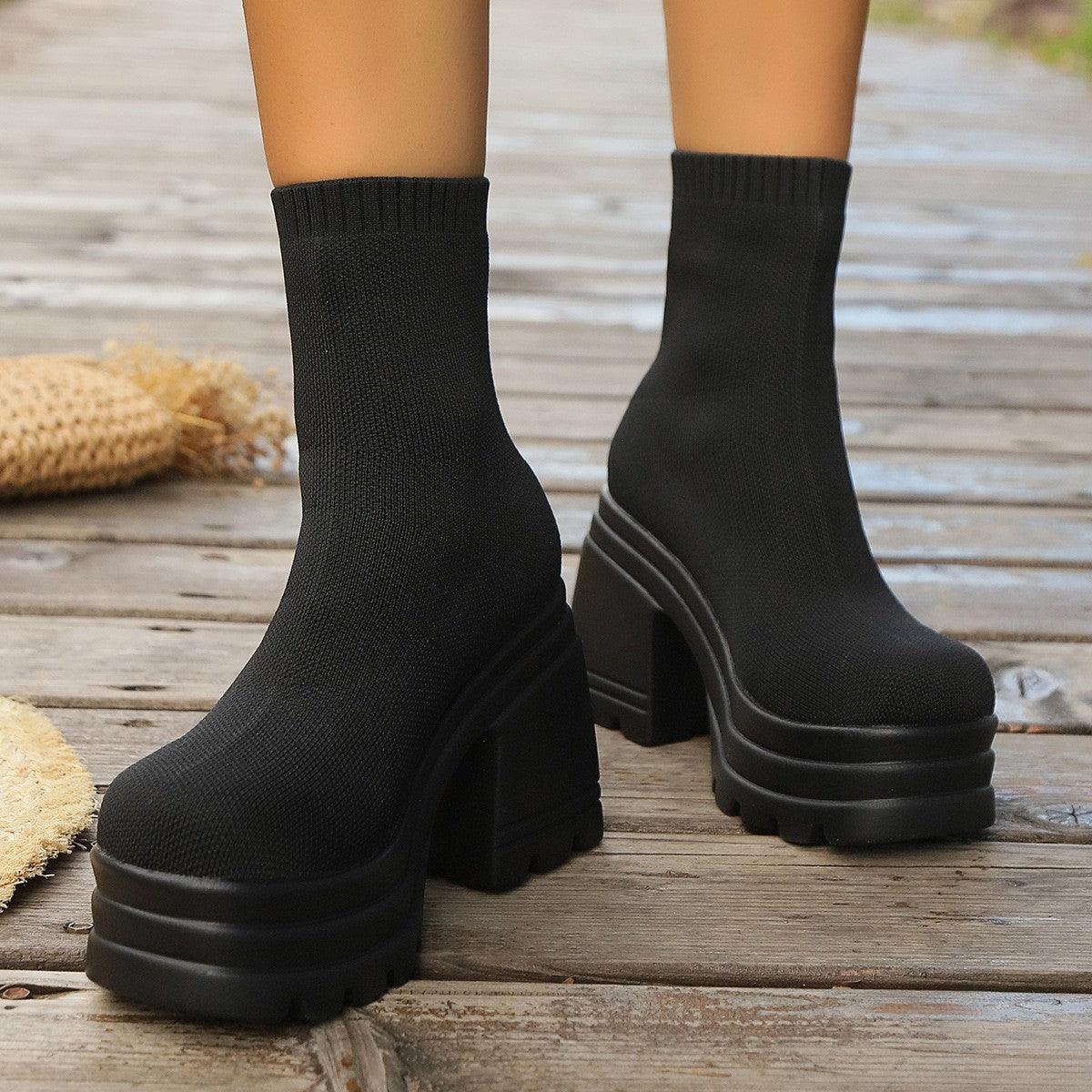 Round Toe Block Heel Boots - Clothes For Her Online Store