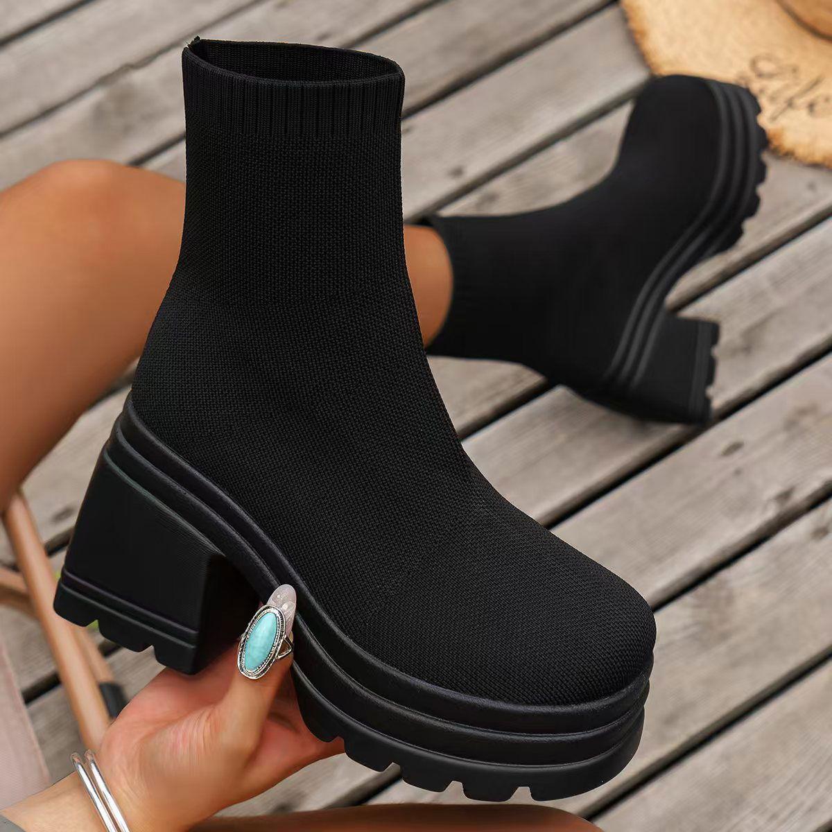 Round Toe Block Heel Boots - Clothes For Her Online Store