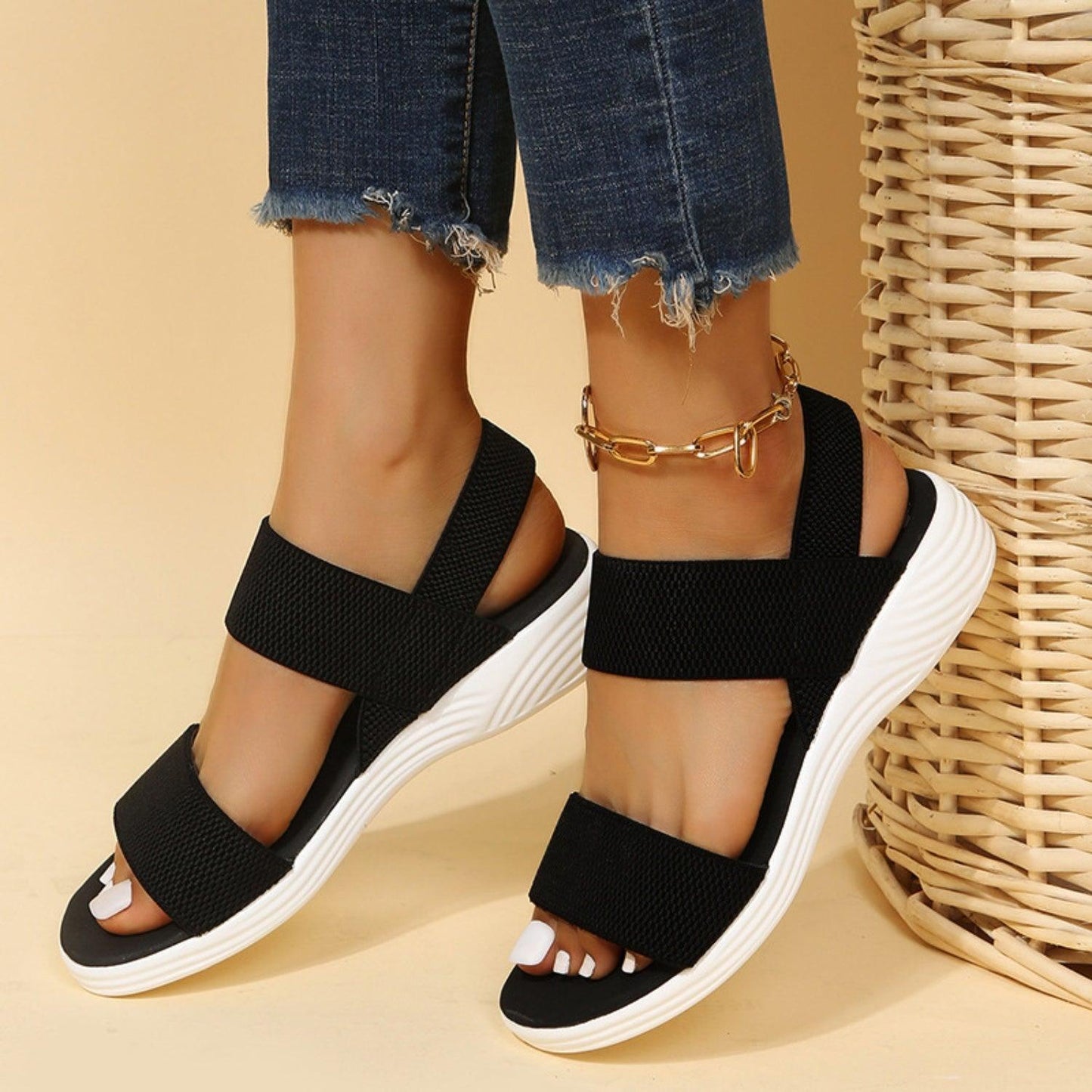Rubber Open Toe Low Heel Sandals - Clothes For Her Online Store