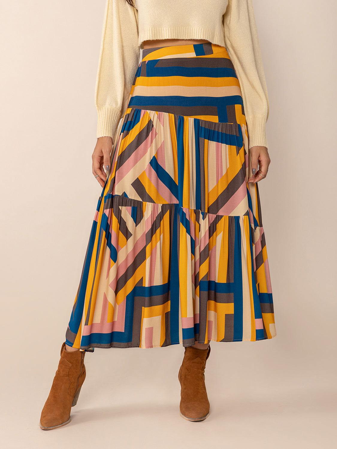 Ruched Elastic Waist Contrast Midi Skirt - Clothes For Her Online Store