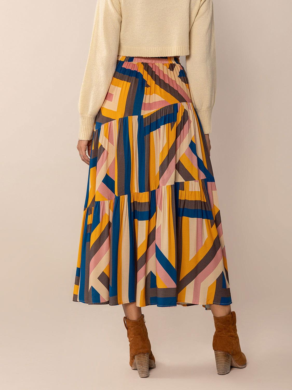 Ruched Elastic Waist Contrast Midi Skirt - Clothes For Her Online Store